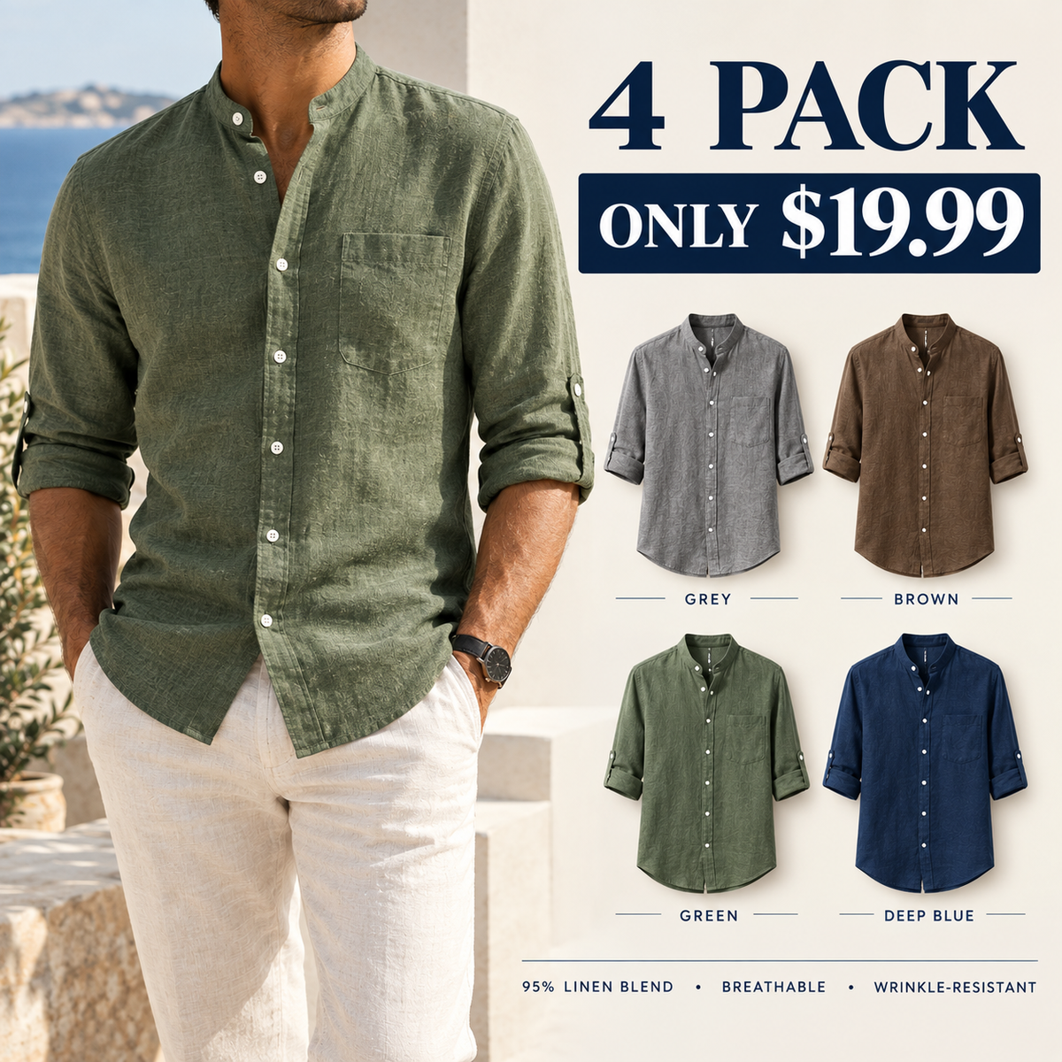 Men's Linen Stand Collar Shirt | Casual Long Sleeve Button-Up