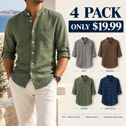 Men's Linen Stand Collar Shirt | Casual Long Sleeve Button-Up