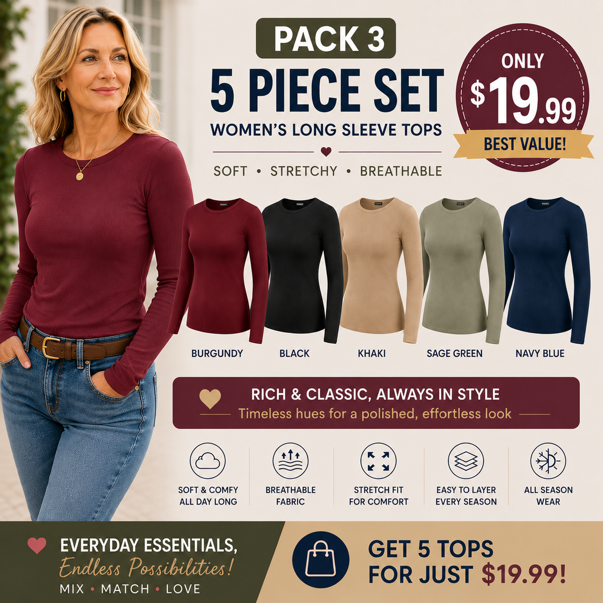 🤲Women's Ribbed Long Sleeve Crewneck Top – Slim Fit Basic Tee