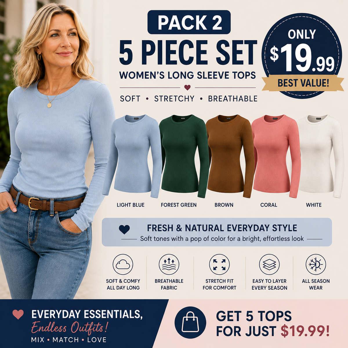 🤲Women's Ribbed Long Sleeve Crewneck Top – Slim Fit Basic Tee