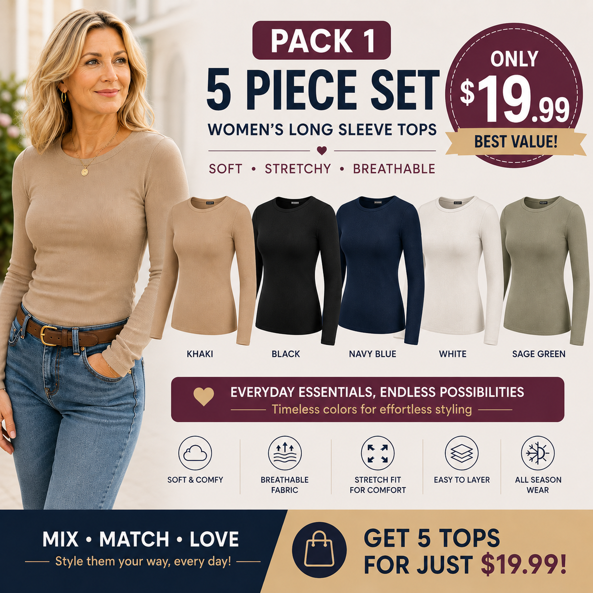 🤲Women's Ribbed Long Sleeve Crewneck Top – Slim Fit Basic Tee