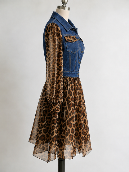 🅶Milan Denim Bodice Leopard Dress