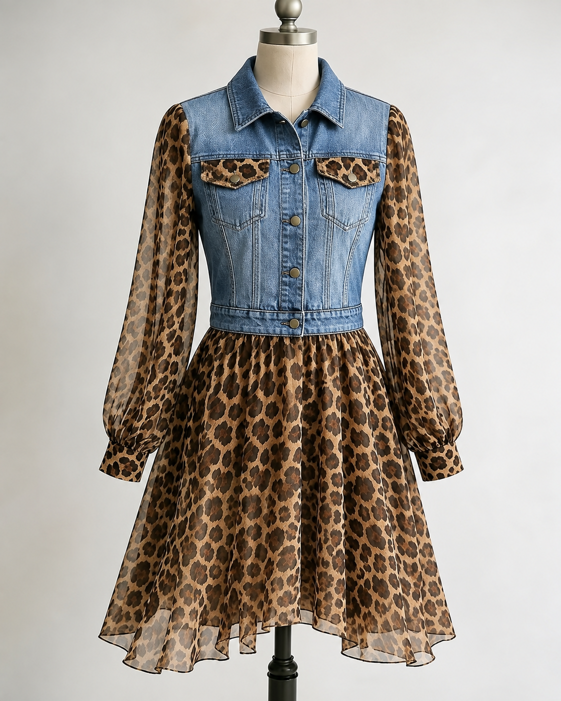 🅶Milan Denim Bodice Leopard Dress