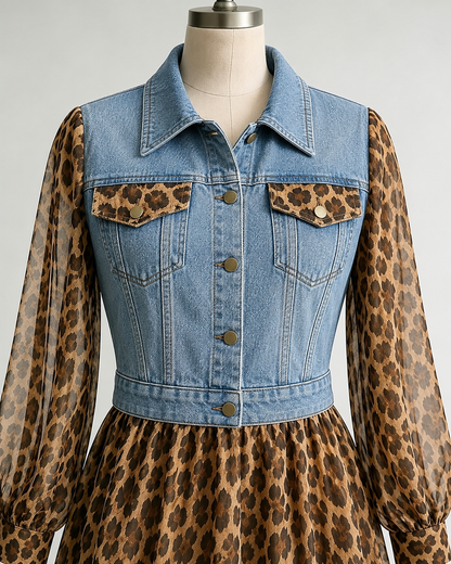 🅶Milan Denim Bodice Leopard Dress
