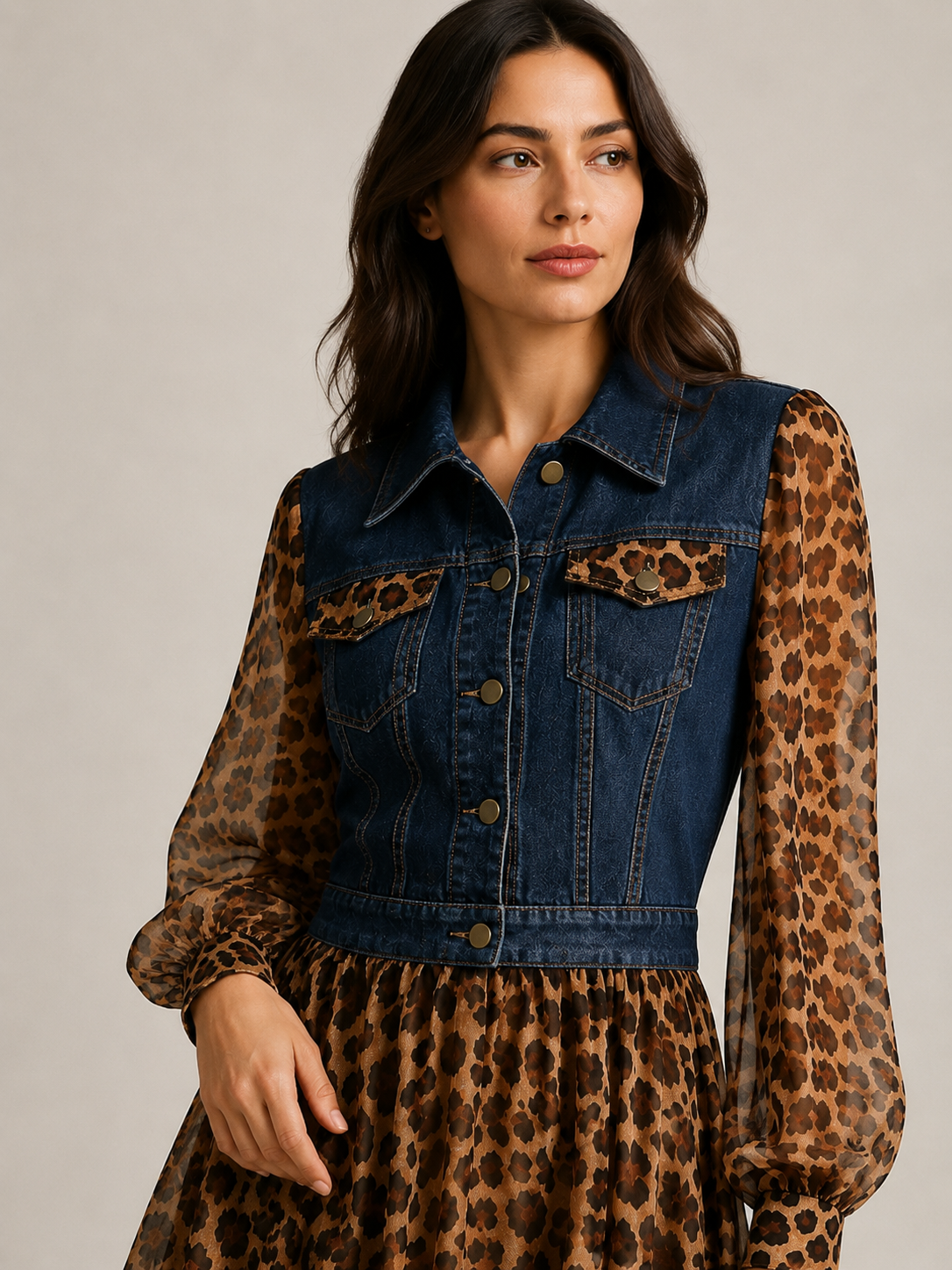 🅶Milan Denim Bodice Leopard Dress