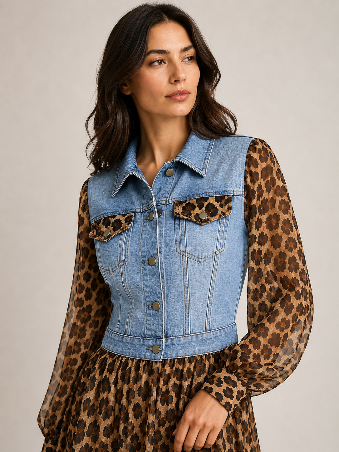 🅶Milan Denim Bodice Leopard Dress