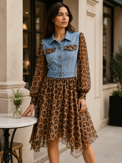 🅶Milan Denim Bodice Leopard Dress