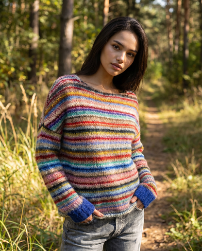 Women's Striped Knit Sweater | Relaxed Cozy Long Sleeve Pullover