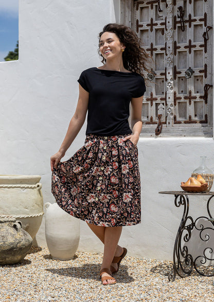 Women's Blue Tulip Floral Midi Skirt | High Waist A-Line Cotton Skirt