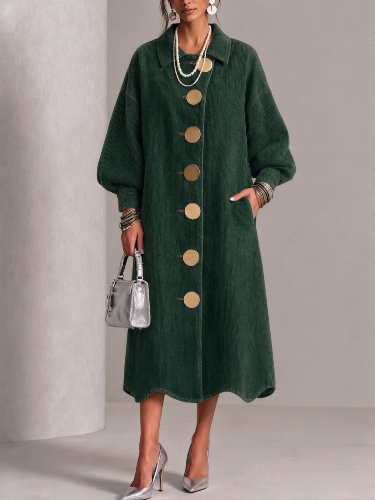 🤲LAST DAY SAVE 49% ⏰Lapel Gold‑button Balloon‑sleeve Wave‑hem Denim Dress