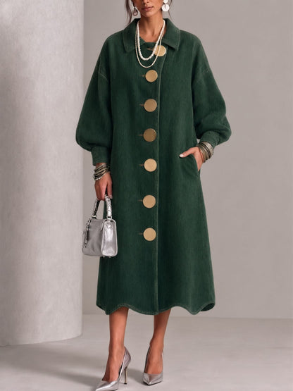 🤲LAST DAY SAVE 49% ⏰Lapel Gold‑button Balloon‑sleeve Wave‑hem Denim Dress