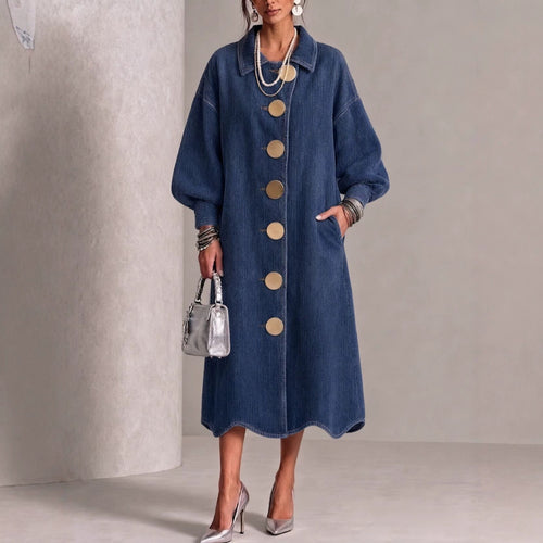 🤲LAST DAY SAVE 49% ⏰Lapel Gold‑button Balloon‑sleeve Wave‑hem Denim Dress