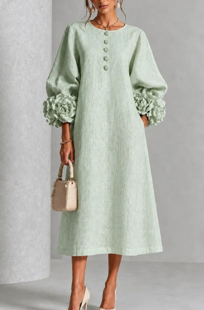 🤲LAST DAY SAVE 49% ⏰3D Floral Cuff Midi Dress – Relaxed A-Line Button Front— FREE Handbag