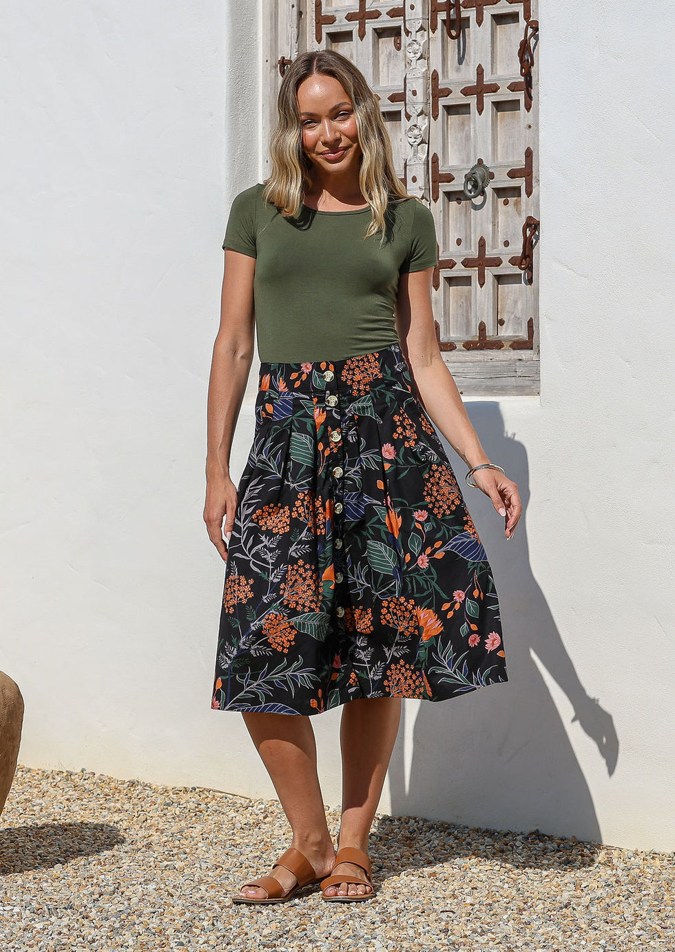 Women's Blue Tulip Floral Midi Skirt | High Waist A-Line Cotton Skirt