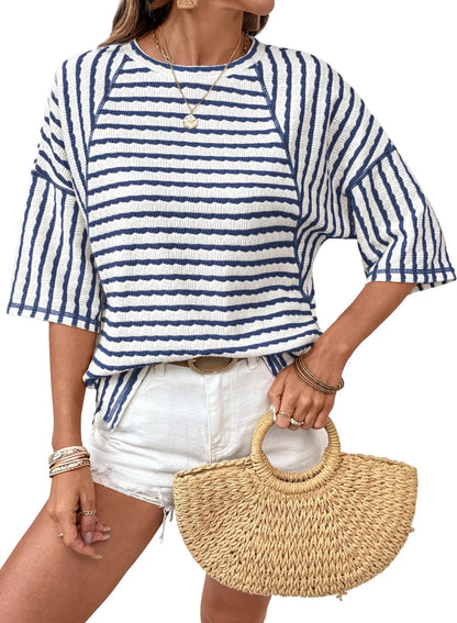 Striped Knit Split Hem Top – Crewneck, Relaxed Fit