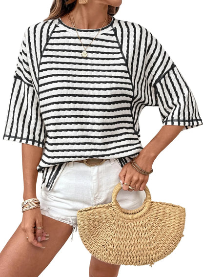 Striped Knit Split Hem Top – Crewneck, Relaxed Fit