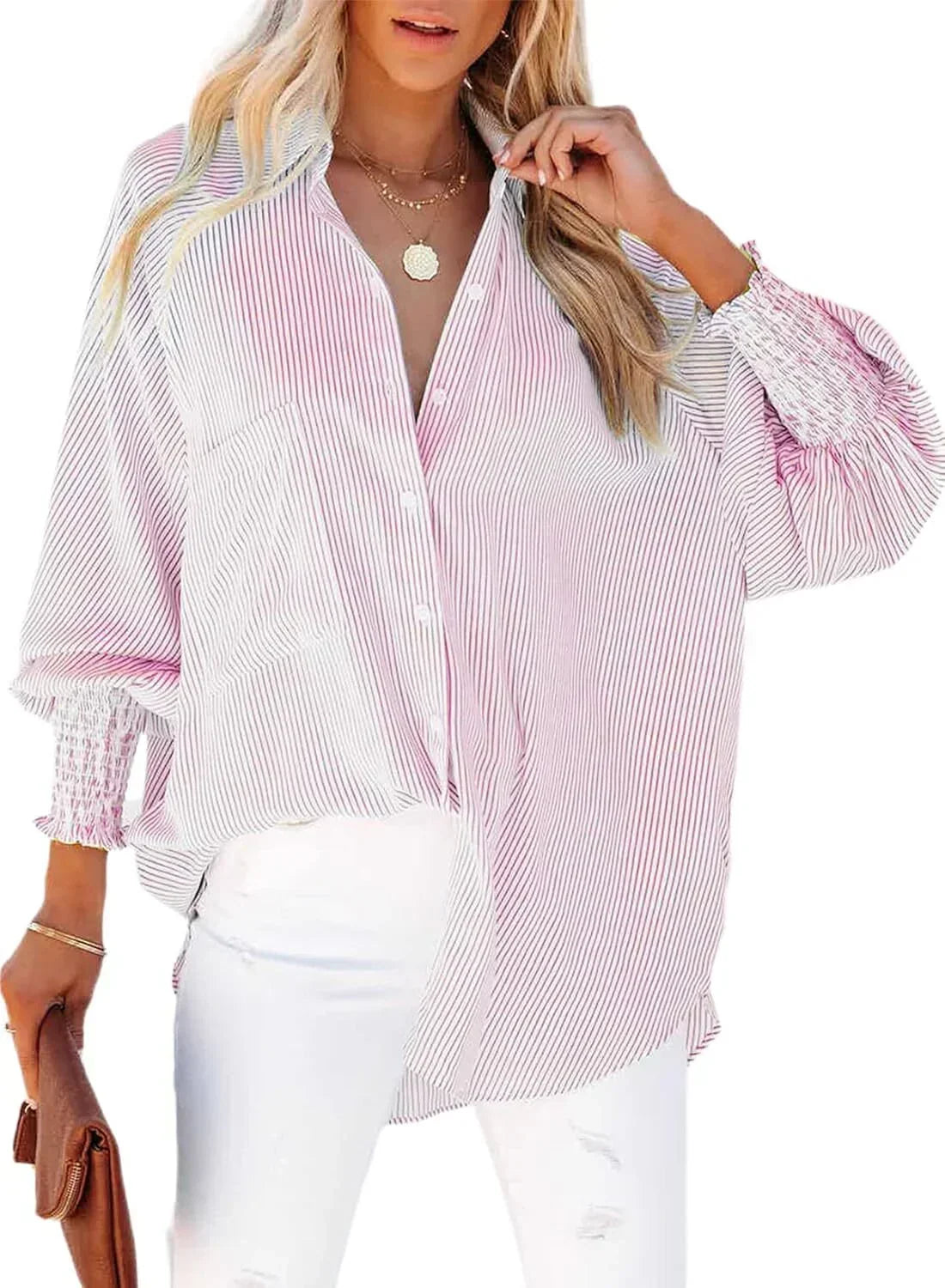 🤲🔥2026 Clearance Item🔥Women's pleated cuffs striped shirt with pockets and casual collar