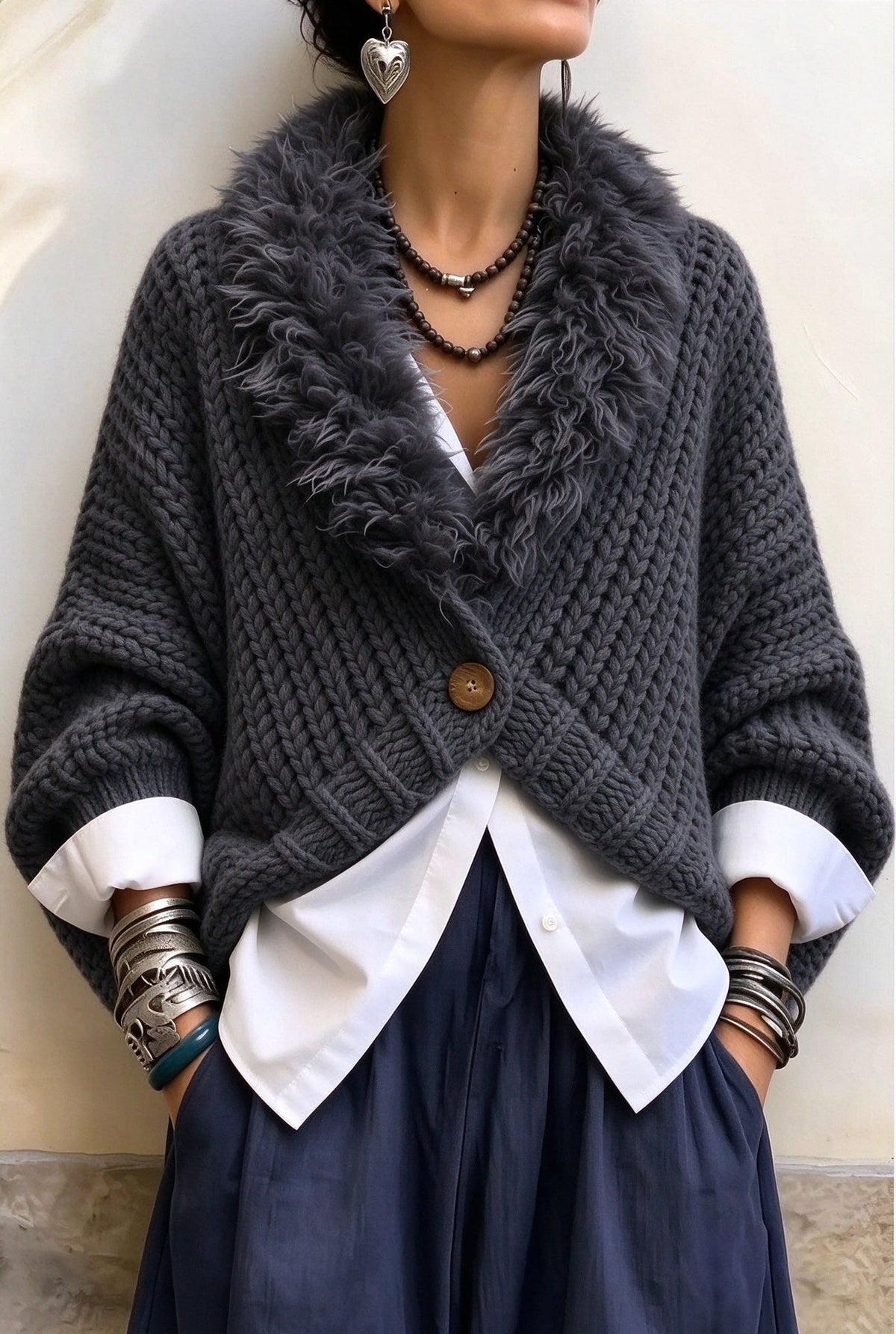 🤲LAST DAY SAVE 49% ⏰Luxury Faux Fur Collar Chunky Knit Cardigan