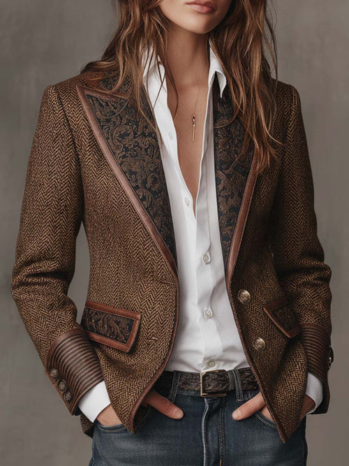 Women's Herringbone Panel Blazer | Vintage-Inspired Tailored Jacket