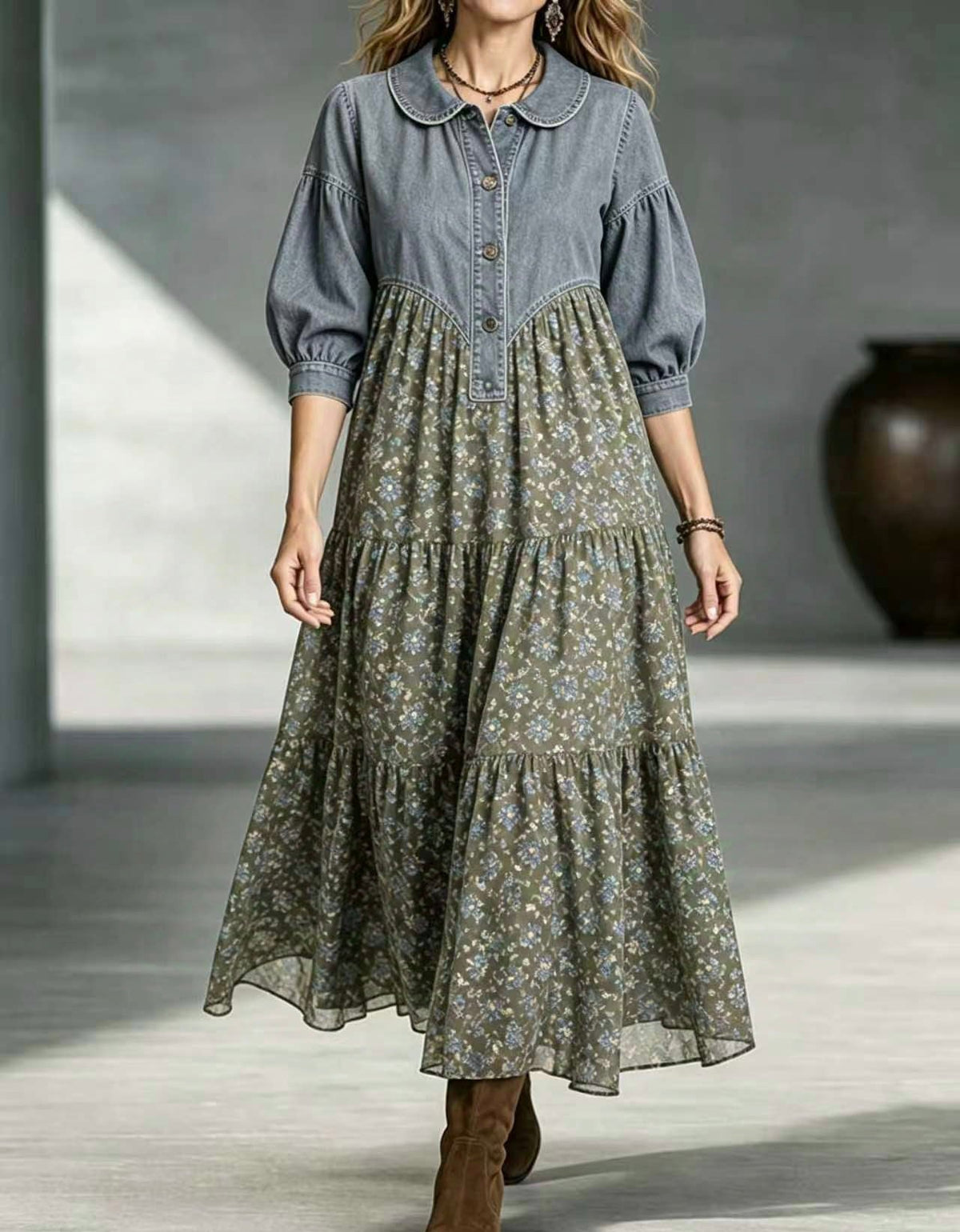 🤲LAST DAY SAVE 49% ⏰Boho-chic Denim Bodice Long Sleeve Floral Tiered Swing Maxi Dress