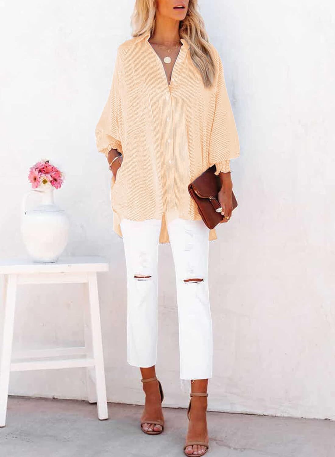 Women's Striped Oversized Button Down Shirt | Casual Long Sleeve Top