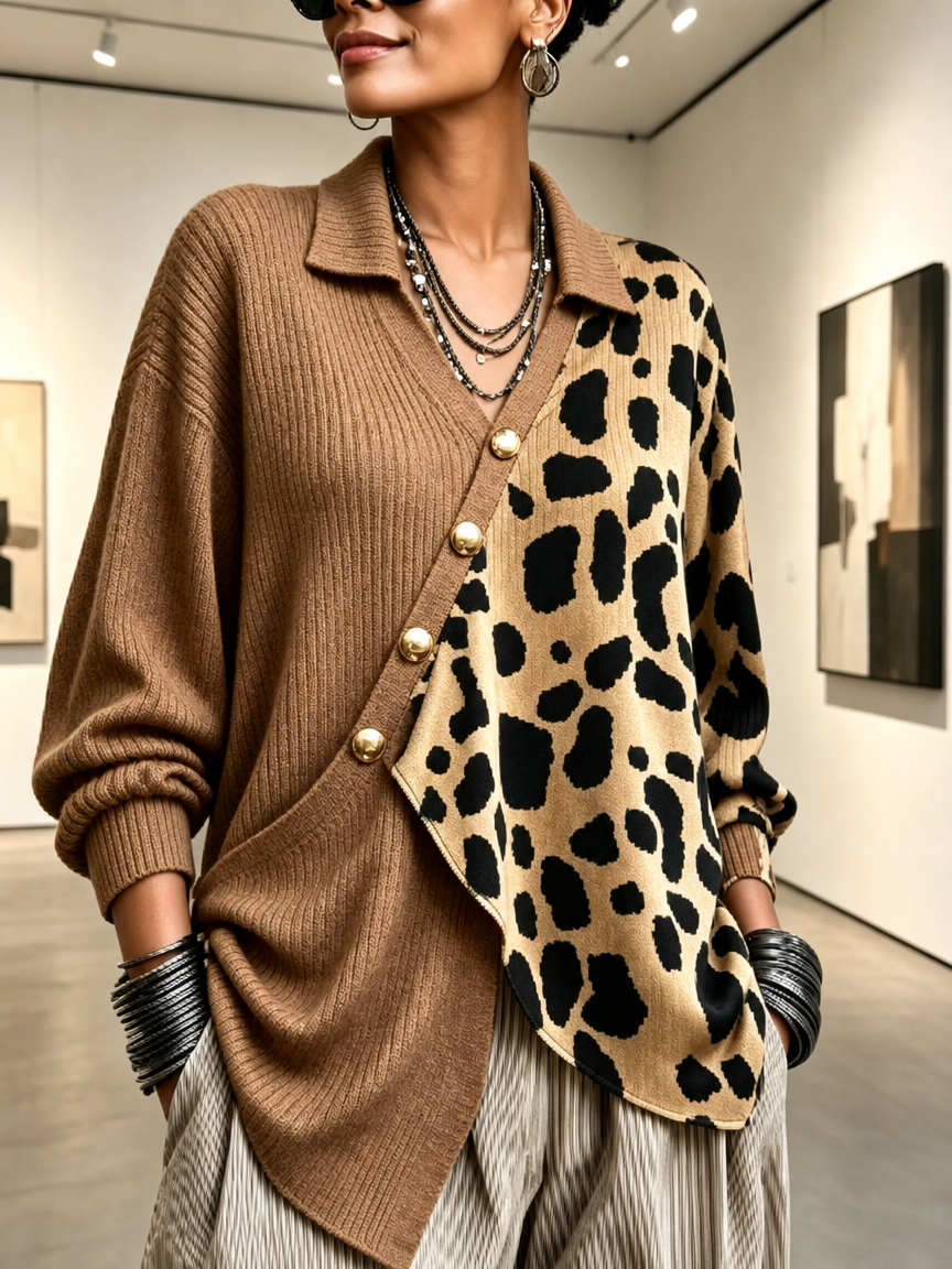 🤲LAST DAY SAVE 49% ⏰Chic Bold Leopard Color-block Asymmetric Sweater