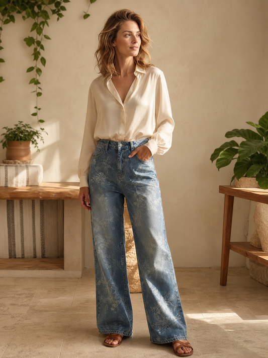 🌸🌸Women's Floral Jacquard Wide-Leg Denim Pants 👖✨