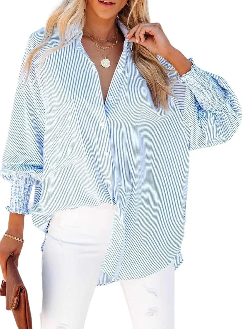 🤲🔥2026 Clearance Item🔥Women's pleated cuffs striped shirt with pockets and casual collar