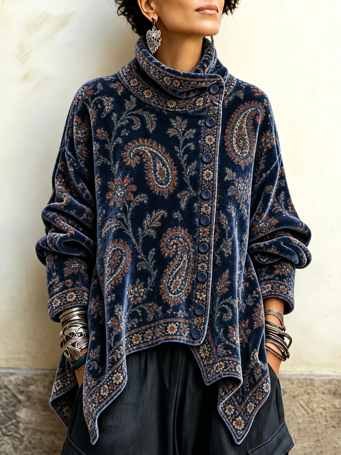 🤲LAST DAY SAVE 49% 🌸🤎Vintage Abstract Print Asymmetrical Turtleneck Top