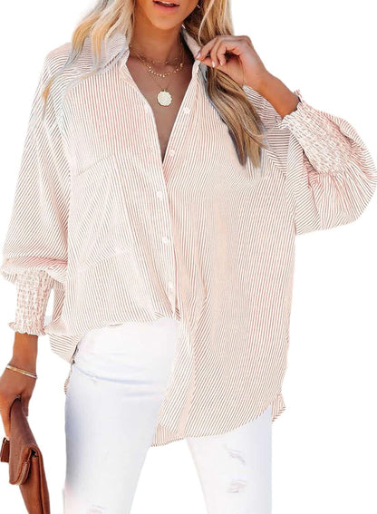 🤲🔥2026 Clearance Item🔥Women's pleated cuffs striped shirt with pockets and casual collar