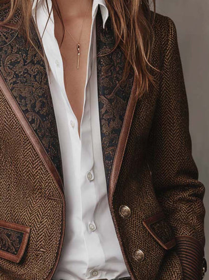 Women's Herringbone Panel Blazer | Vintage-Inspired Tailored Jacket