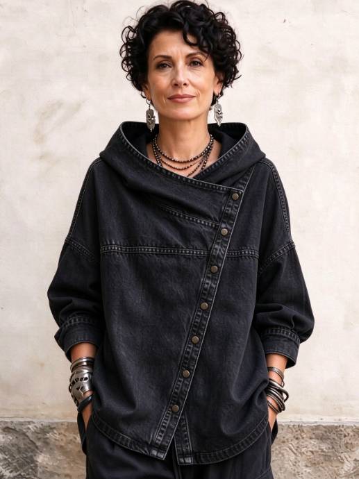 🤲LAST DAY SAVE 49% ⏰Women's Chic Denim Hooded Jacket - Relaxed Asymmetric Button Front Top