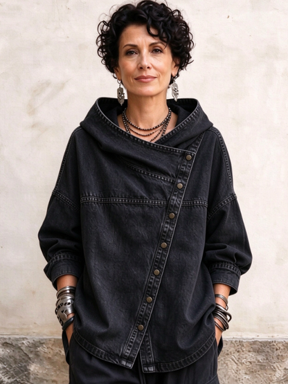 🤲LAST DAY SAVE 49% ⏰Women's Chic Denim Hooded Jacket - Relaxed Asymmetric Button Front Top