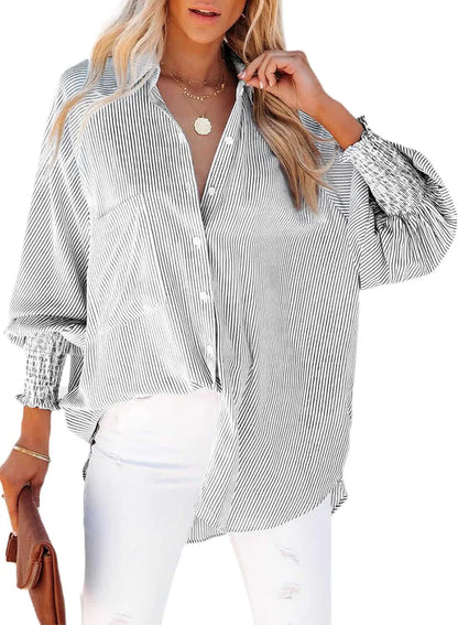 🤲🔥2026 Clearance Item🔥Women's pleated cuffs striped shirt with pockets and casual collar