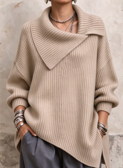 🤲LAST DAY SAVE 49% ⏰Asymmetric Fold‑Over Collar Chunky Ribbed Sweater
