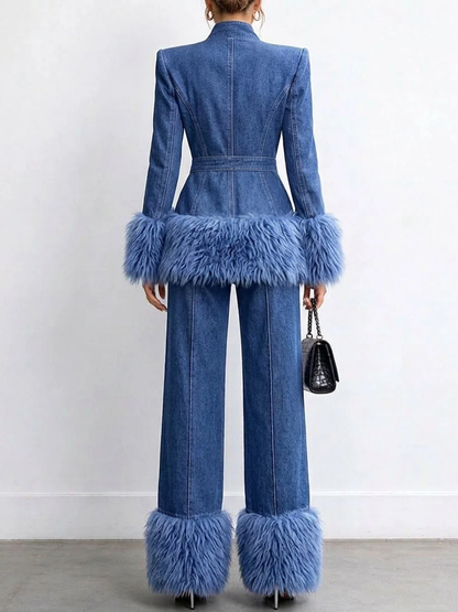 🤲LAST DAY SAVE 49% ⏰Women's Tailored Denim Jacket with Faux Fur Trim-FREE Handbag