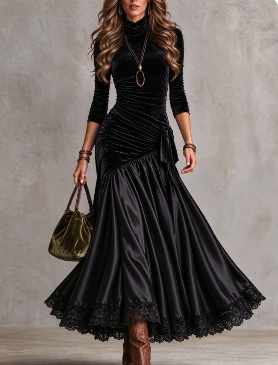 🤲LAST DAY SAVE 49% ⏰Women's Vintage Velvet Ruched Maxi Dress with Lace Trim
