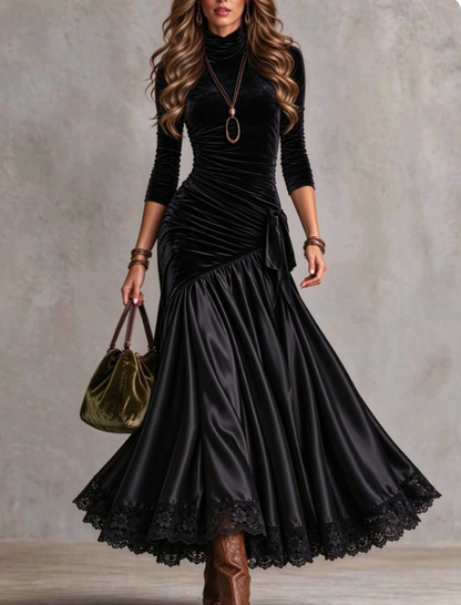 🤲LAST DAY SAVE 49% ⏰Women's Vintage Velvet Ruched Maxi Dress with Lace Trim