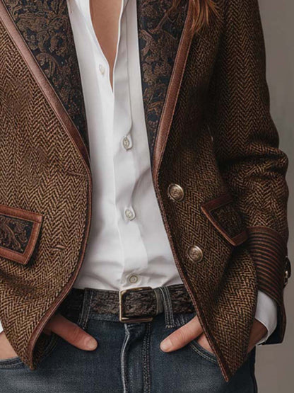 Women's Herringbone Panel Blazer | Vintage-Inspired Tailored Jacket