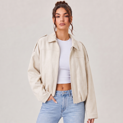 Women's Cropped Faux Suede Jacket | Oversized Casual Zip-Up Jacket