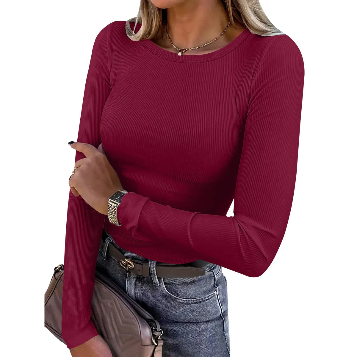 🤲Women's Ribbed Long Sleeve Crewneck Top – Slim Fit Basic Tee