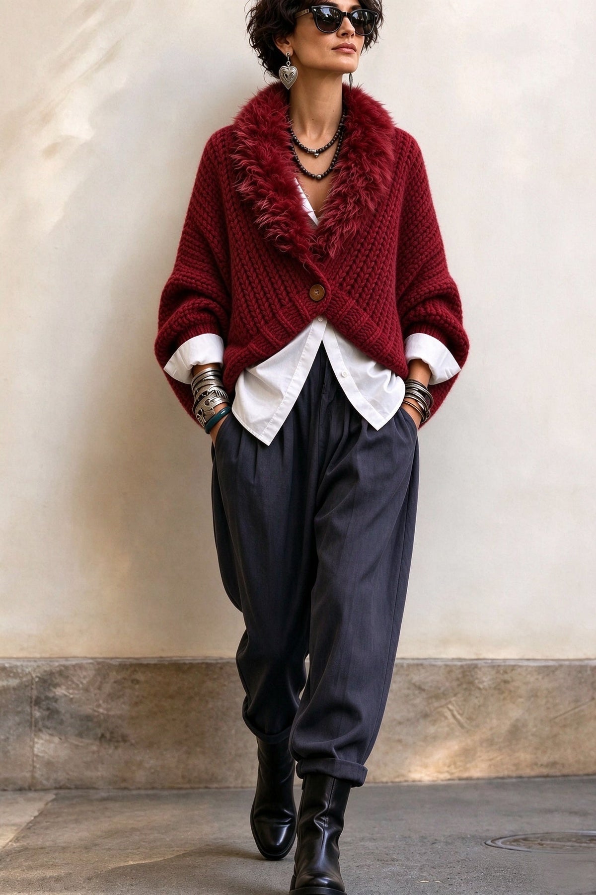 🤲LAST DAY SAVE 49% ⏰Luxury Faux Fur Collar Chunky Knit Cardigan