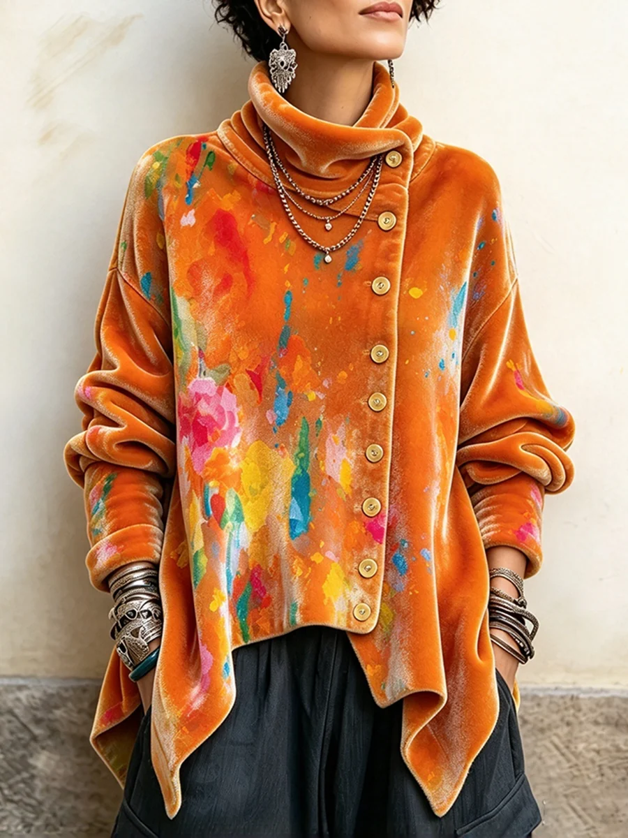 🤲LAST DAY SAVE 49% 🌸🤎Vintage Abstract Print Asymmetrical Turtleneck Top