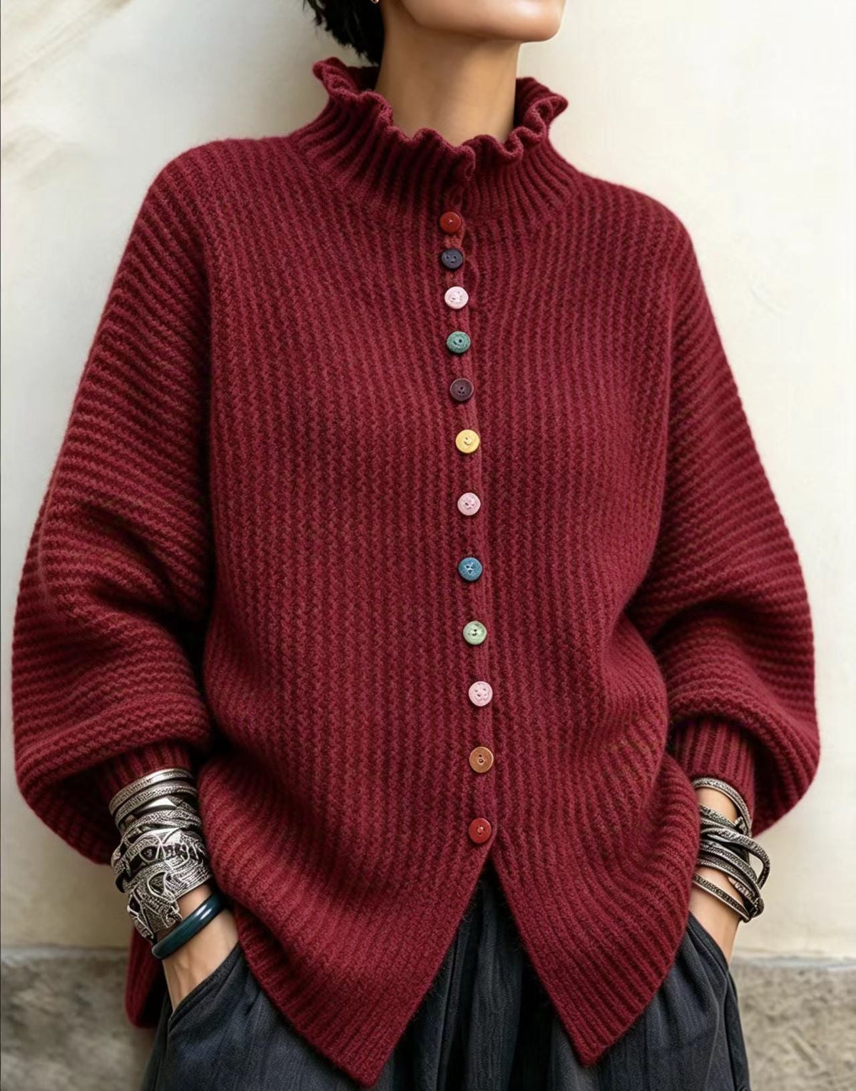 🤲LAST DAY SAVE 49% ⏰Vibrant Ruffled Turtleneck Sweater With Colorful Rainbow Buttons