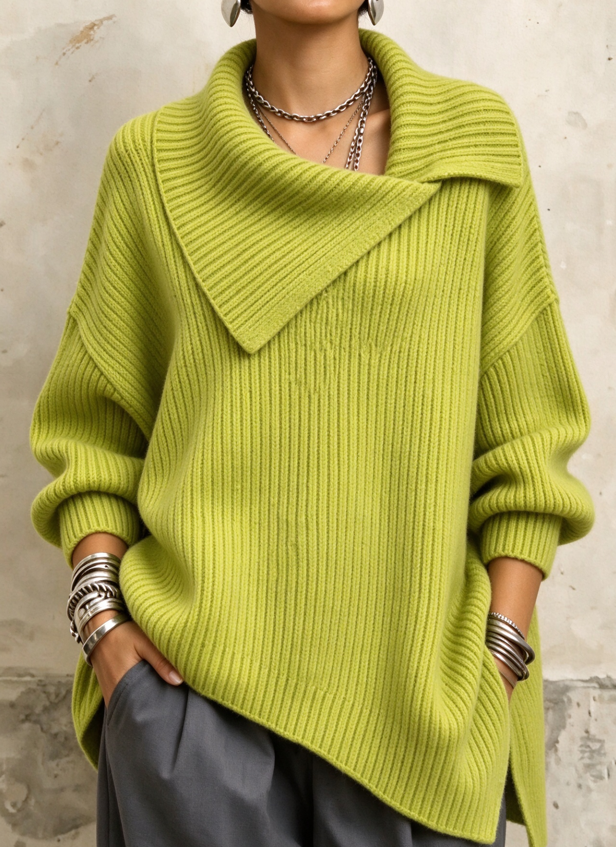 🤲LAST DAY SAVE 49% ⏰Asymmetric Fold‑Over Collar Chunky Ribbed Sweater