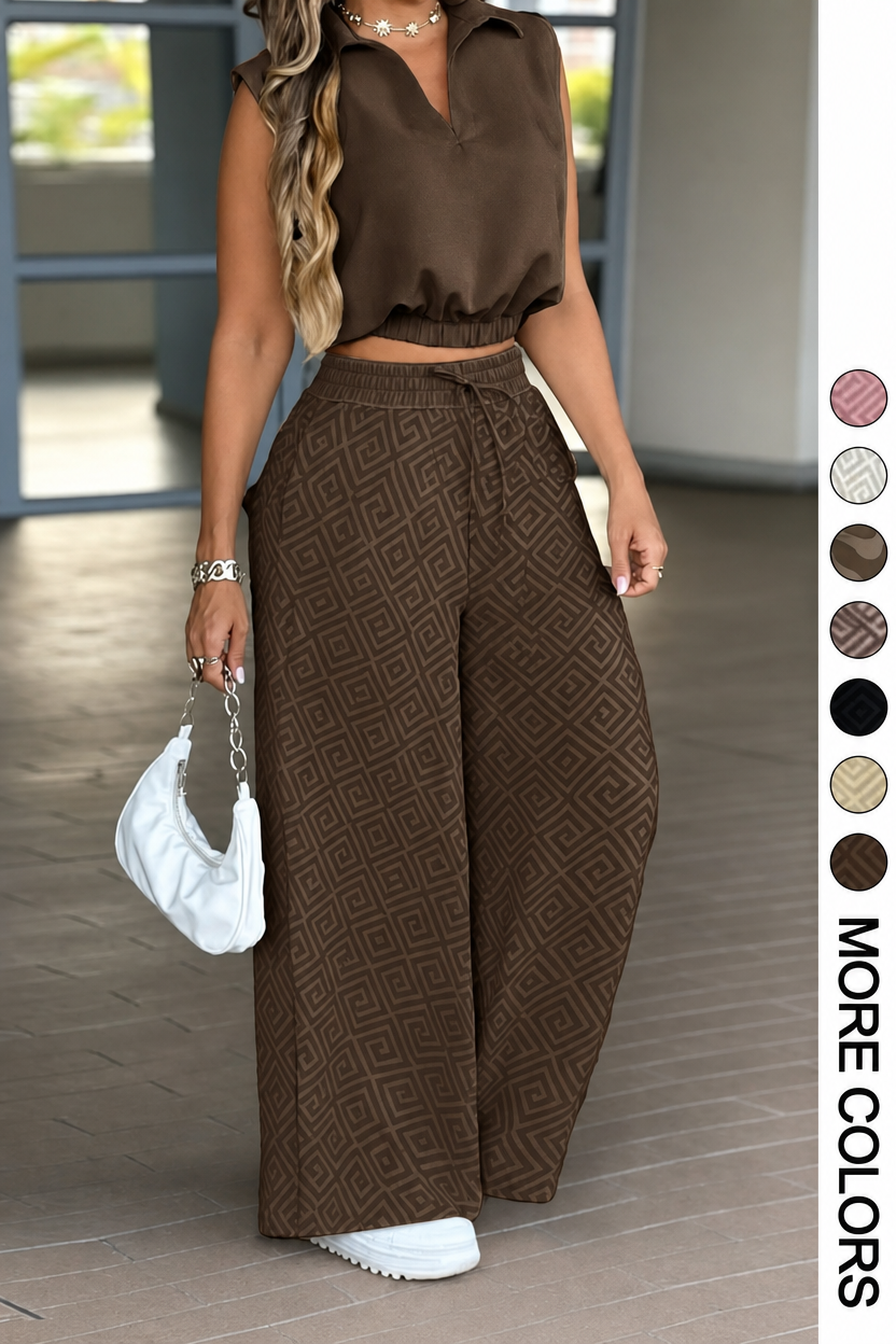 ✨ Adjustable Drawstring Wide Leg Pants 2pc Set 🤎