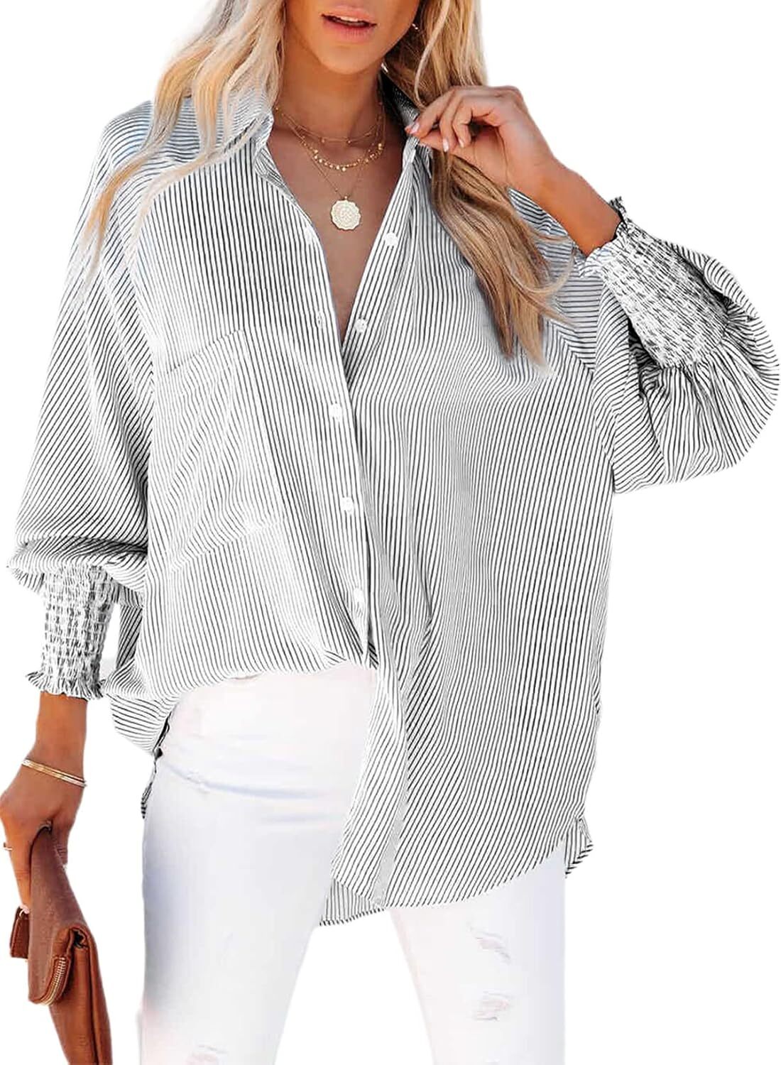 Women's Striped Oversized Button Down Shirt | Casual Long Sleeve Top