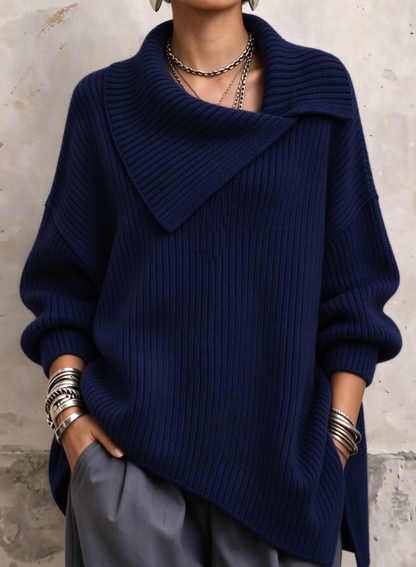 🤲LAST DAY SAVE 49% ⏰Asymmetric Fold‑Over Collar Chunky Ribbed Sweater