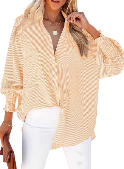 🤲🔥2026 Clearance Item🔥Women's pleated cuffs striped shirt with pockets and casual collar