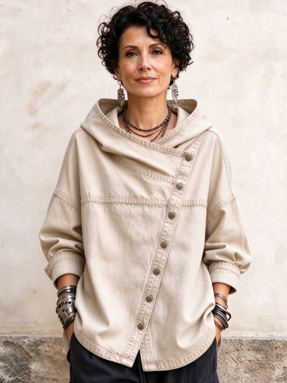 🤲LAST DAY SAVE 49% ⏰Women's Chic Denim Hooded Jacket - Relaxed Asymmetric Button Front Top